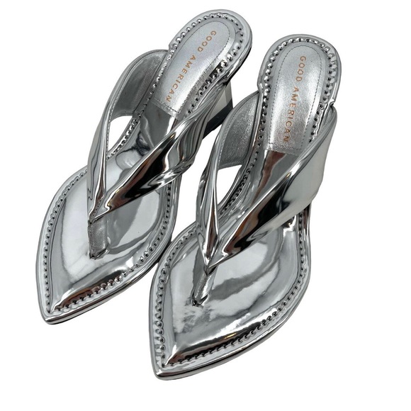 GOOD AMERICAN CINDER F*UCKING RELLA CLEAR WEDGE SANDAL SILVER PATENT LEAT… - Picture 5 of 11